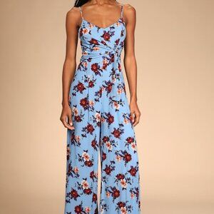 Lulus Day In Paradise Periwinkle Floral Print Tie-front Jumpsuit Blue - Size XL